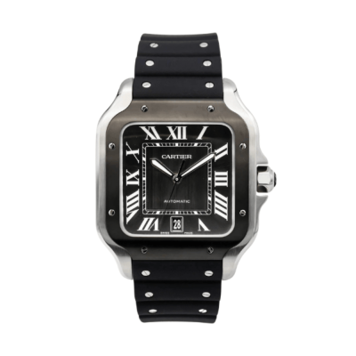 1:1 Cartier Santos clone with a black bezel and a black FKM rubber strap, front view