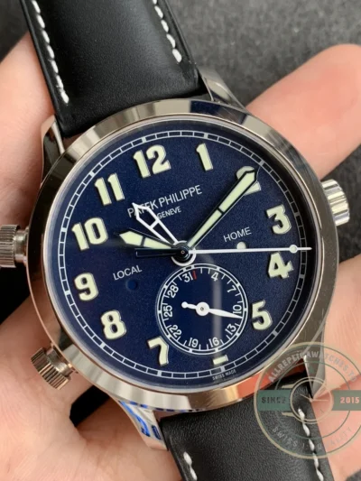 Replica Complications 5524G-001 Patek Philippe CALATRAVA PILOT TRAVEL TIME. 42 mm, White Gold, Blue Dial