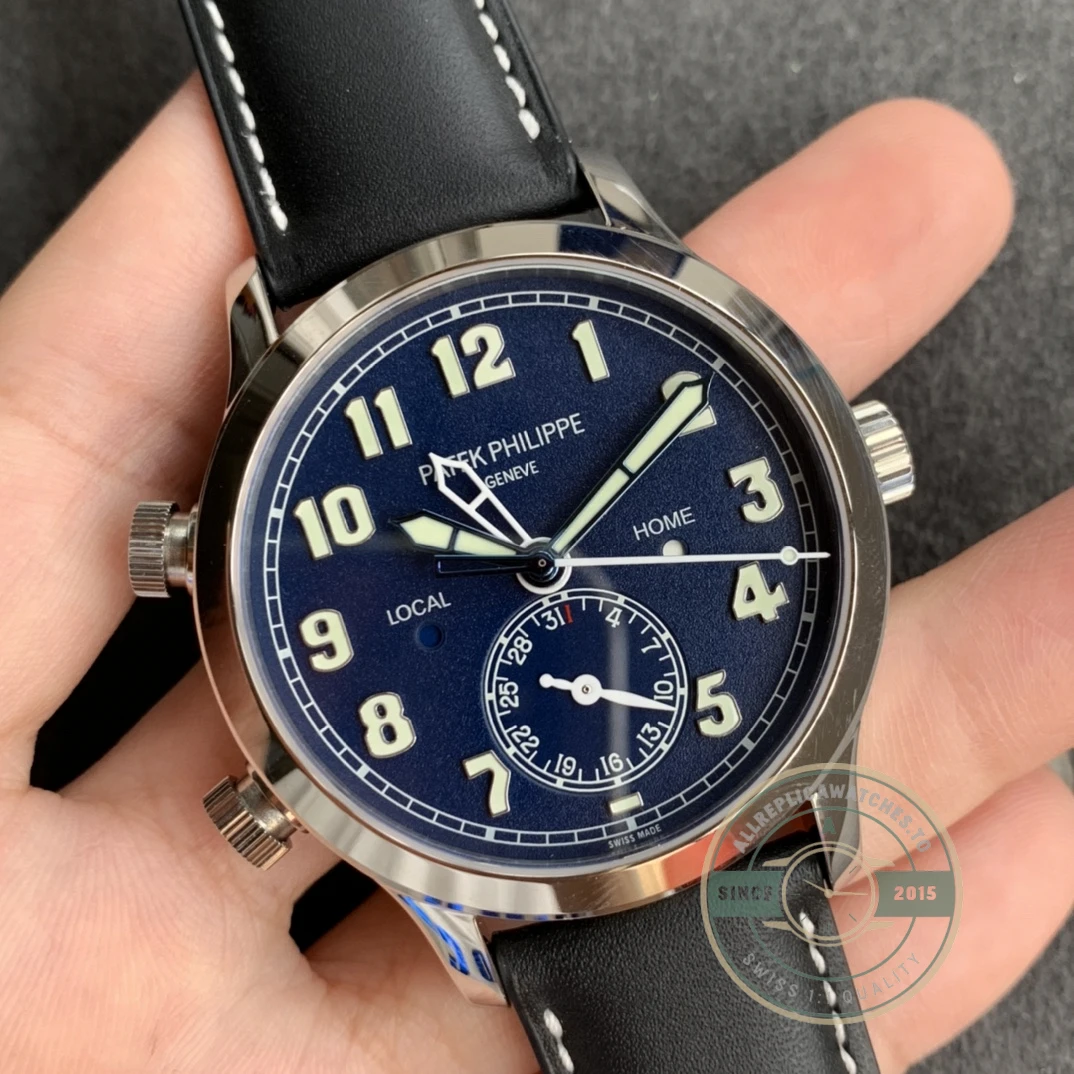 Replica Complications 5524G-001 Patek Philippe CALATRAVA PILOT TRAVEL TIME. 42 mm, White Gold, Blue Dial
