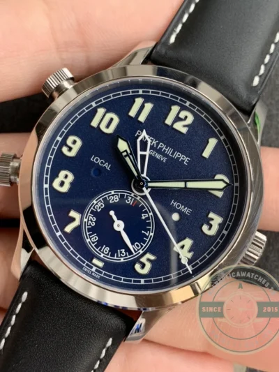 Replica Complications 5524G-001 Patek Philippe CALATRAVA PILOT TRAVEL TIME. 42 mm, White Gold, Blue Dial