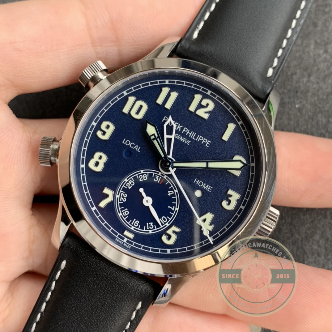 Replica Complications 5524G-001 Patek Philippe CALATRAVA PILOT TRAVEL TIME. 42 mm, White Gold, Blue Dial