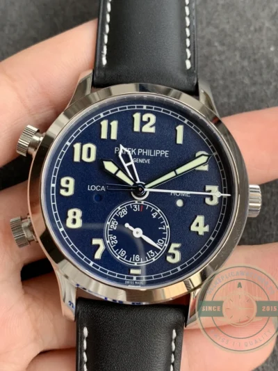 Replica Complications 5524G-001 Patek Philippe CALATRAVA PILOT TRAVEL TIME. 42 mm, White Gold, Blue Dial