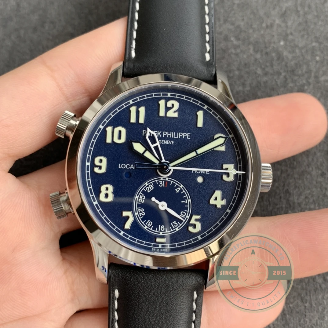 Replica Complications 5524G-001 Patek Philippe CALATRAVA PILOT TRAVEL TIME. 42 mm, White Gold, Blue Dial