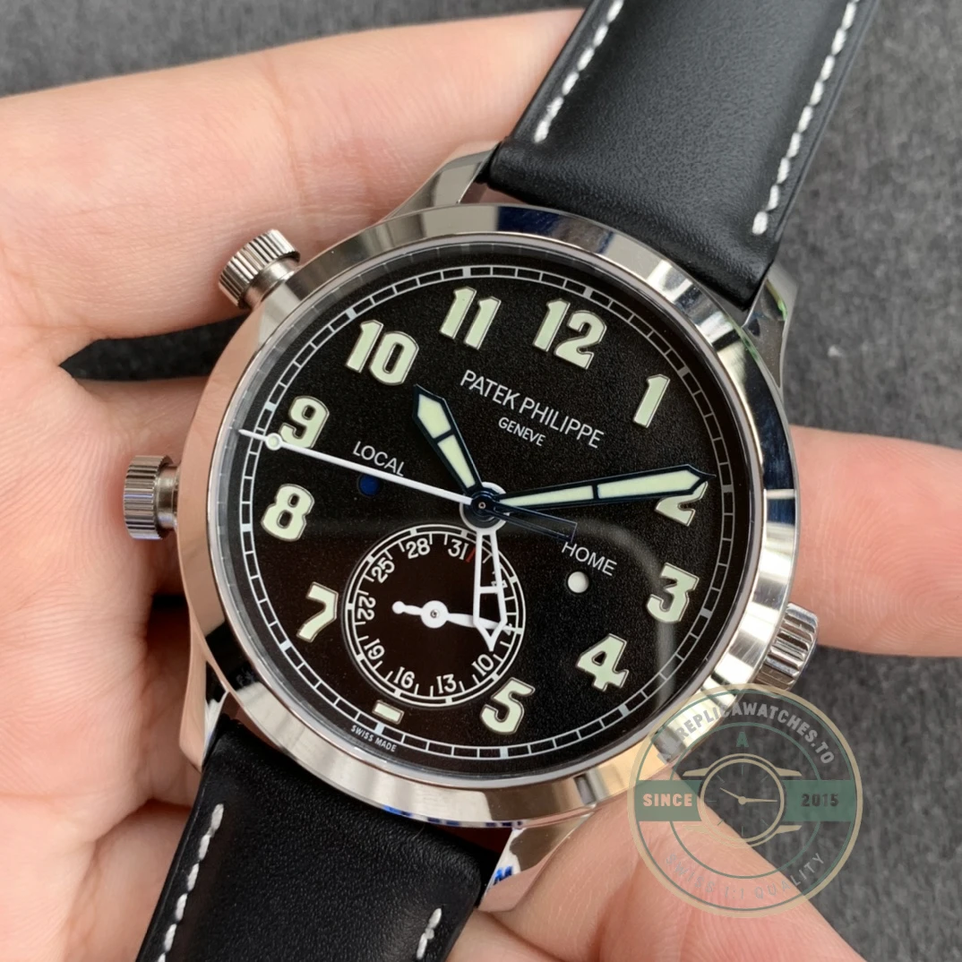 Replica Complications 5524G-001 Patek Philippe CALATRAVA PILOT TRAVEL TIME. 42 mm, White Gold, Black Dial