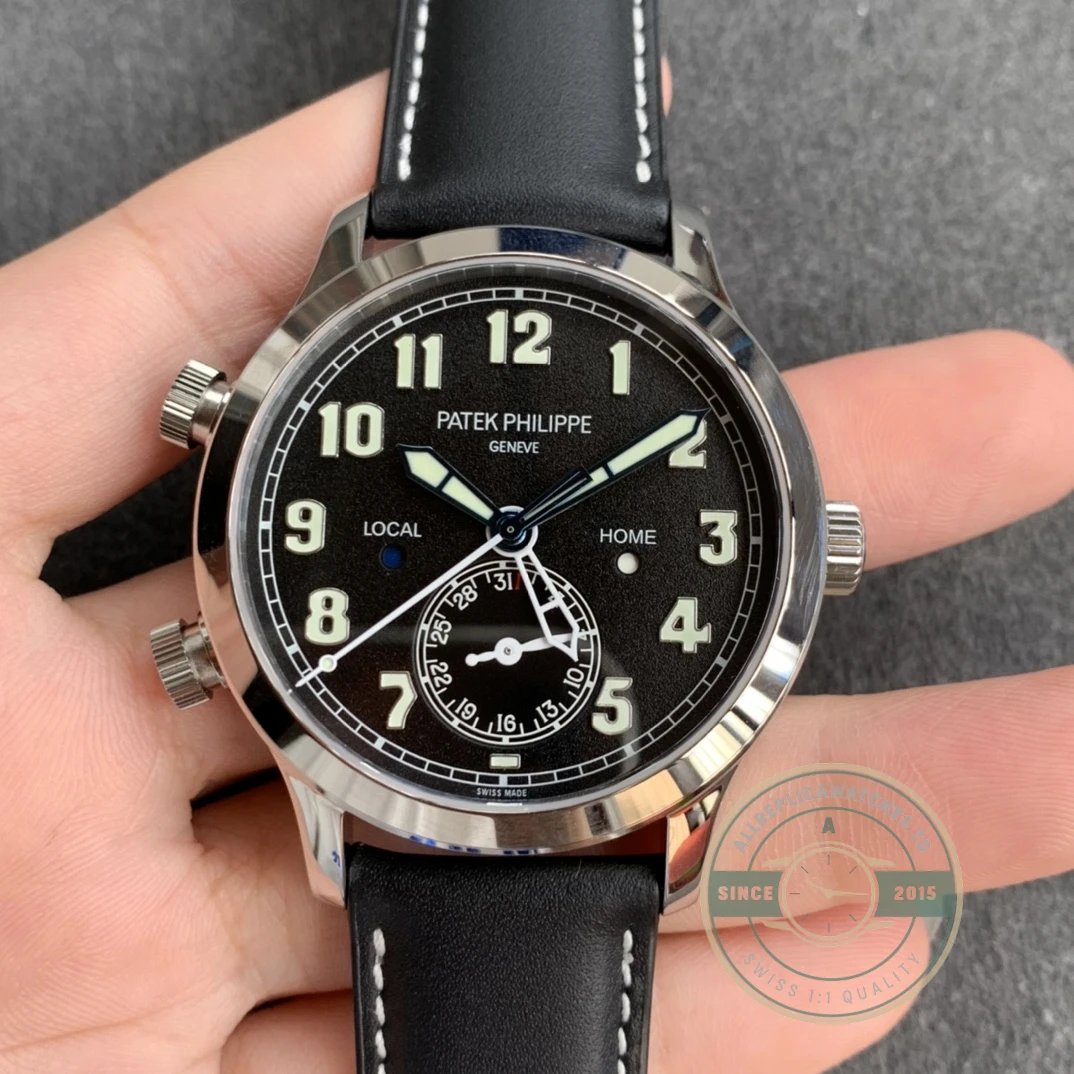 Replica Complications 5524G-001 Patek Philippe CALATRAVA PILOT TRAVEL TIME. 42 mm, White Gold, Black Dial