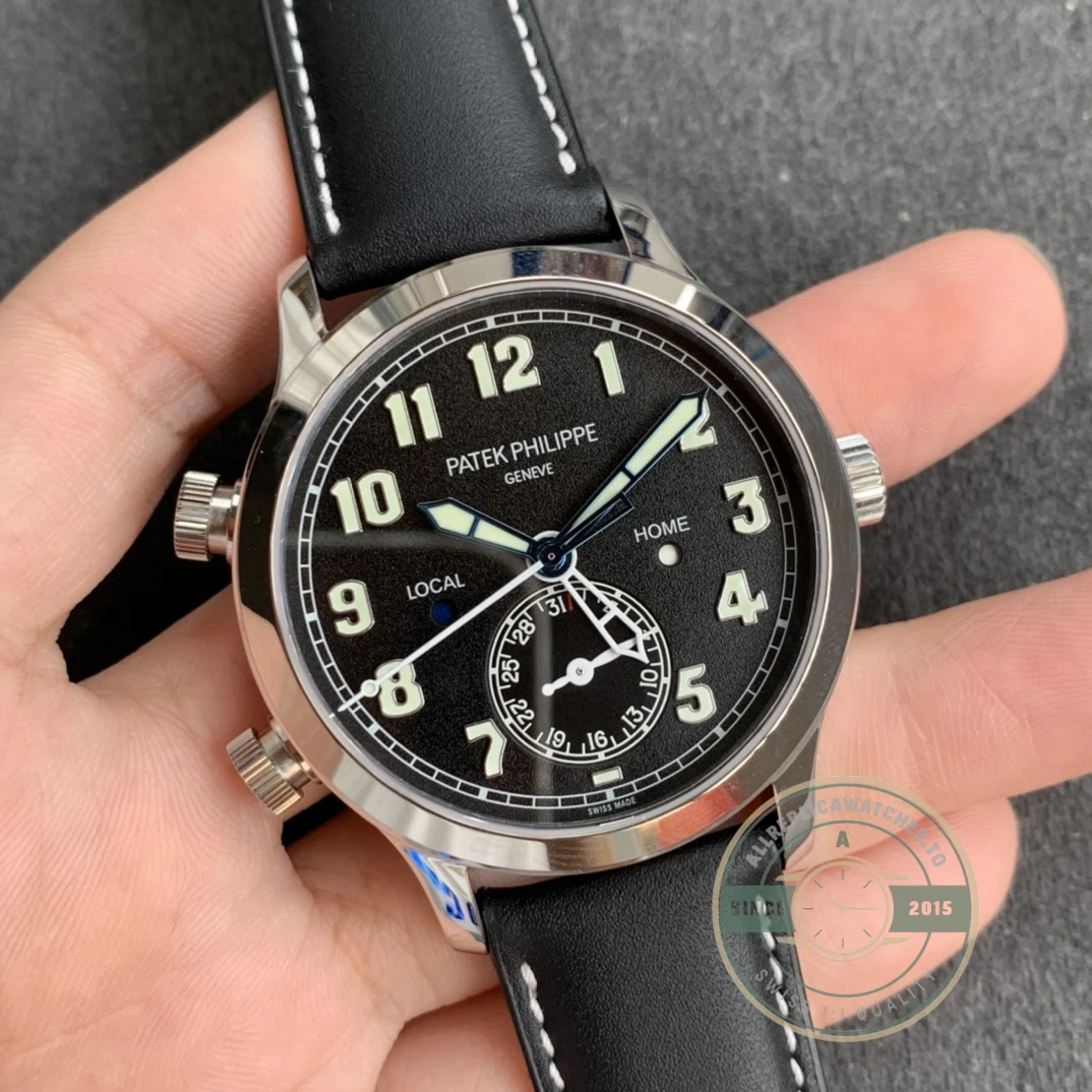 Replica Complications 5524G-001 Patek Philippe CALATRAVA PILOT TRAVEL TIME. 42 mm, White Gold, Black Dial