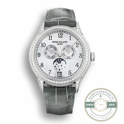 Replica Complications 4948G-010 Patek Philippe ANNUAL CALENDAR, MOON PHASES. 38 mm, White gold - Luxury Replica Watch