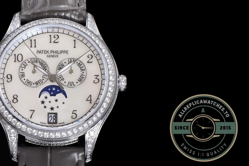 Replica Complications 4948G-010 Patek Philippe ANNUAL CALENDAR, MOON PHASES. 38 mm, White gold - Swiss-Made Clone Watch