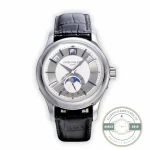 Patek Philippe 5205G-001 annual calendar moon phase, 40 mm white gold look, two-tone silver and grey dial, black strap