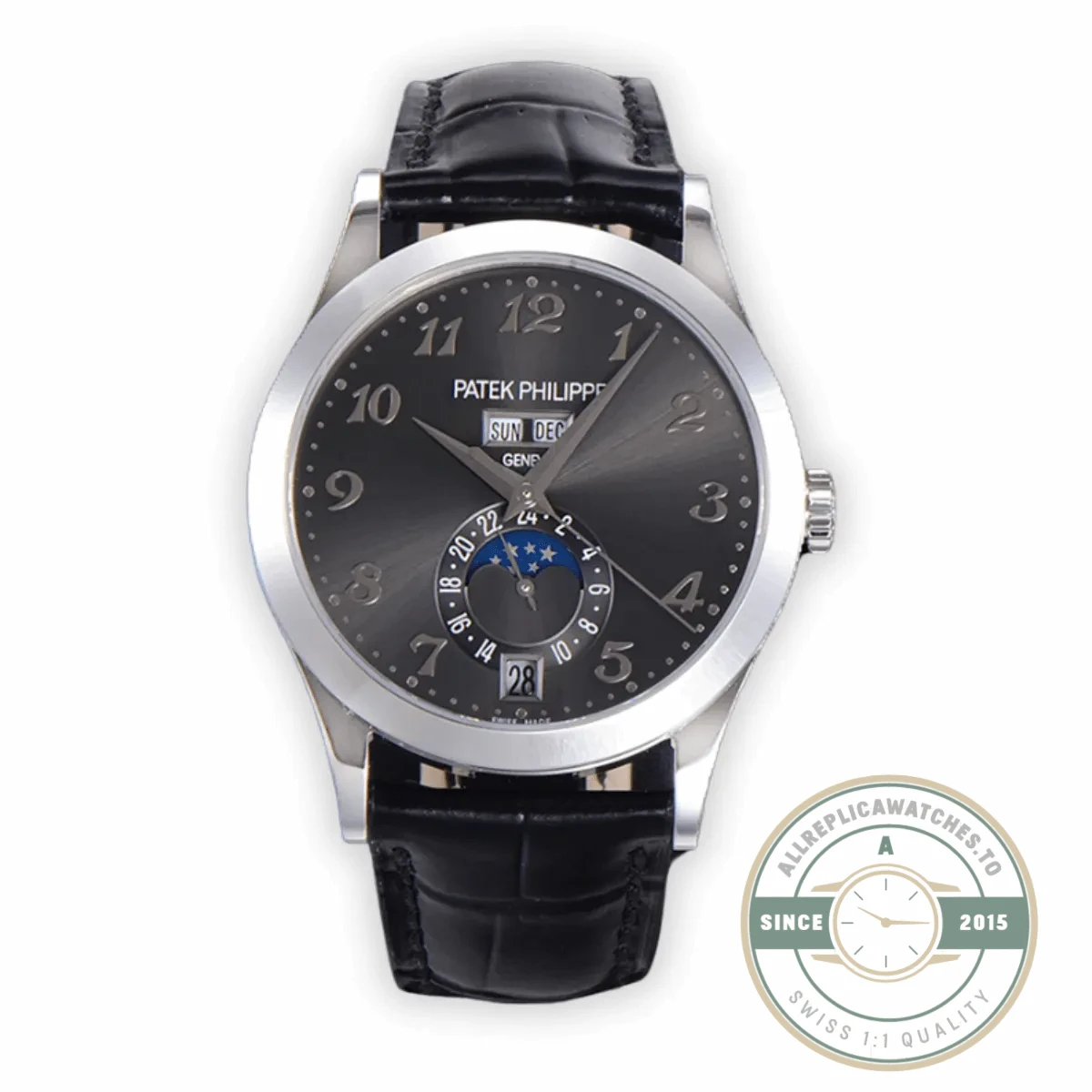 Replica Complications 5396R-012 Patek Philippe ANNUAL CALENDAR, MOON PHASES. 38.5 mm, White Gold, Grey Dial - Budget Luxury Replica Watch