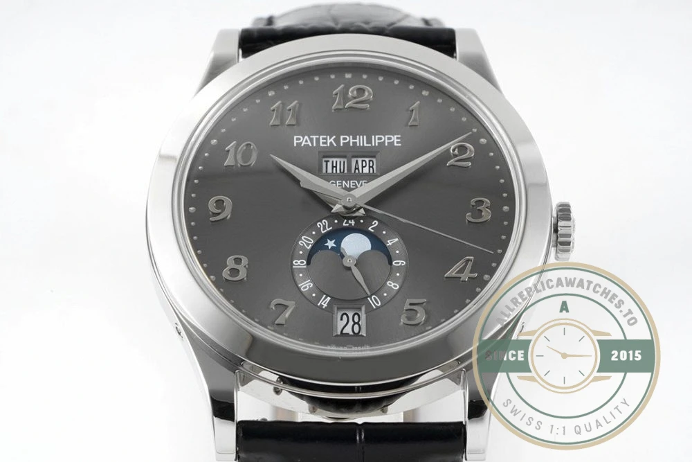 Replica Complications 5396R-012 Patek Philippe ANNUAL CALENDAR, MOON PHASES. 38.5 mm, White Gold, Grey Dial - Luxury Replica Watch
