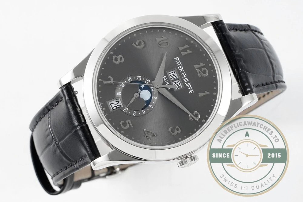 Replica Complications 5396R-012 Patek Philippe ANNUAL CALENDAR, MOON PHASES. 38.5 mm, White Gold, Grey Dial - Budget Luxury Replica Watch