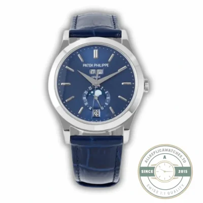Replica Complications 5396R-015 Patek Philippe ANNUAL CALENDAR, MOON PHASES. 38.5 mm, White Gold, Blue Dial - Budget Luxury Replica Watch