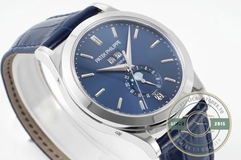 Replica Complications 5396R-015 Patek Philippe ANNUAL CALENDAR, MOON PHASES. 38.5 mm, White Gold, Blue Dial - 1:1 Swiss Replica Watch