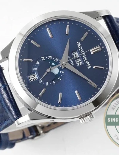 Replica Complications 5396R-015 Patek Philippe ANNUAL CALENDAR, MOON PHASES. 38.5 mm, White Gold, Blue Dial - Swiss-Made Clone Watch