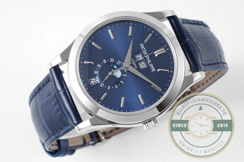 Replica Complications 5396R-015 Patek Philippe ANNUAL CALENDAR, MOON PHASES. 38.5 mm, White Gold, Blue Dial - Swiss-Made Clone Watch