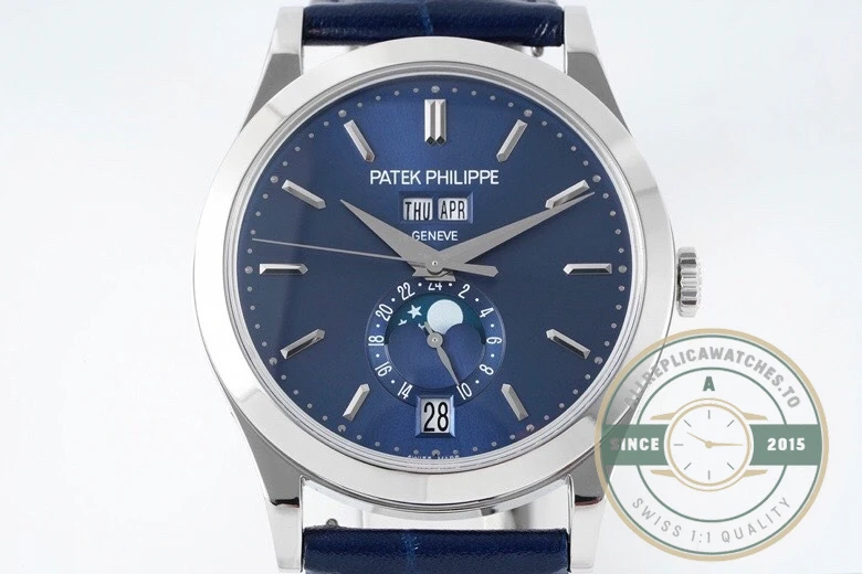 Replica Complications 5396R-015 Patek Philippe ANNUAL CALENDAR, MOON PHASES. 38.5 mm, White Gold, Blue Dial - Luxury Replica Watch