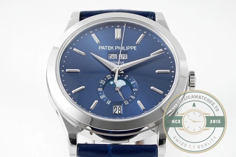Replica Complications 5396R-015 Patek Philippe ANNUAL CALENDAR, MOON PHASES. 38.5 mm, White Gold, Blue Dial - Affordable Luxury Replica Timepiece