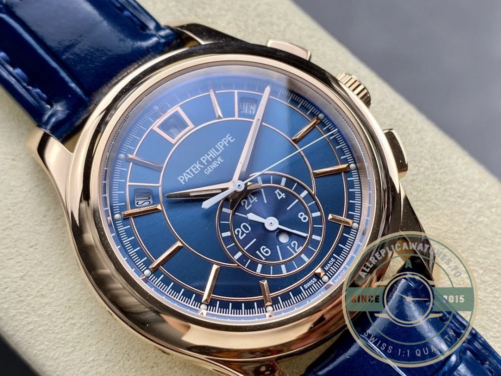 Replica Complications 5905R-001 Patek Philippe Annual Calendar Chronograph 42 mm, Gold Rose, Blue Dial - Swiss-Made Clone Watch