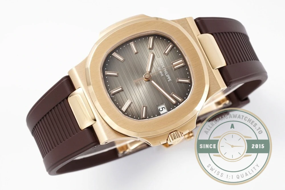 Replica Nautilus 5711-001 Patek Philippe 40 mm, Rose Gold, Grey Dial, Brown Rubber - 1:1 Swiss Replica Watch