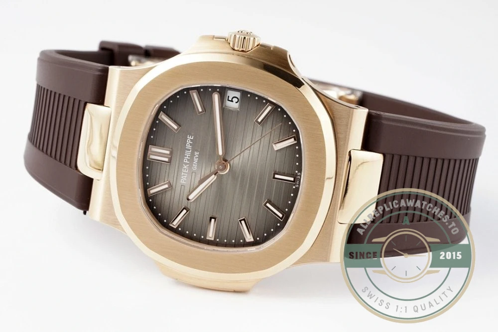 Replica Nautilus 5711-001 Patek Philippe 40 mm, Rose Gold, Grey Dial, Brown Rubber - High-Grade Replica Watch