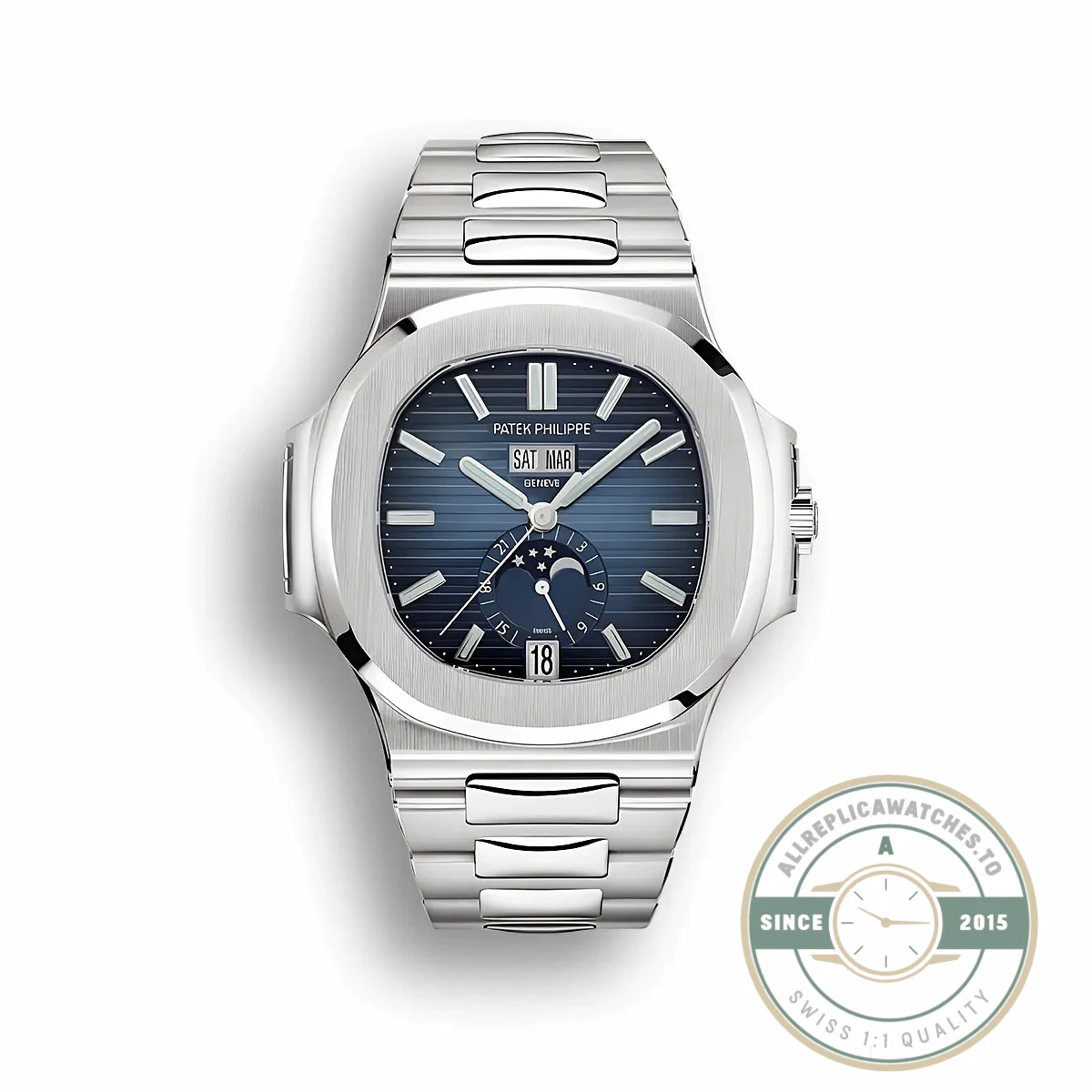 Replica Nautilus 5726/1A-014 Patek Philippe Annual Calendar, Moon phases 40.5 mm, Steel, Blue Dial - Budget Luxury Replica Watch