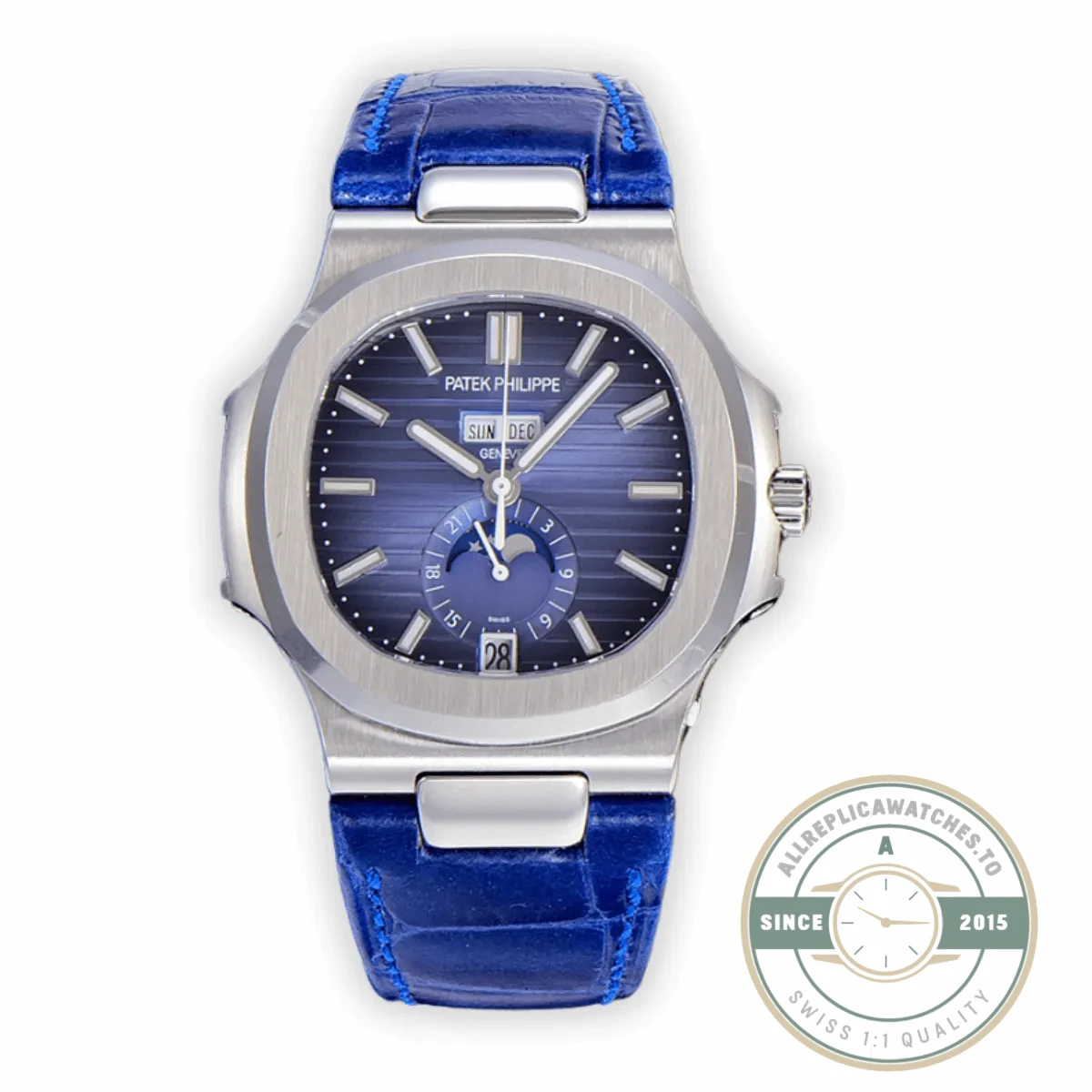 Replica Nautilus 5726A-001 Patek Philippe Annual Calendar, Moon phases. 40.5 mm, Blue Strap, Blue Dial - 1:1 Swiss Replica Watch