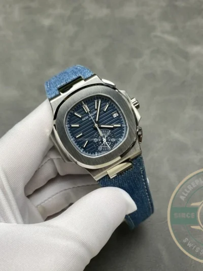 Replica Nautilus 5980/60G-001 Patek Philippe Flyback chronograph, Date 40.5 mm, White gold, Denim - Affordable Super Clone Watch