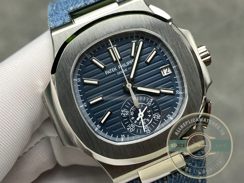 Replica Nautilus 5980/60G-001 Patek Philippe Flyback chronograph, Date 40.5 mm, White gold, Denim - Premium Super Clone Watch