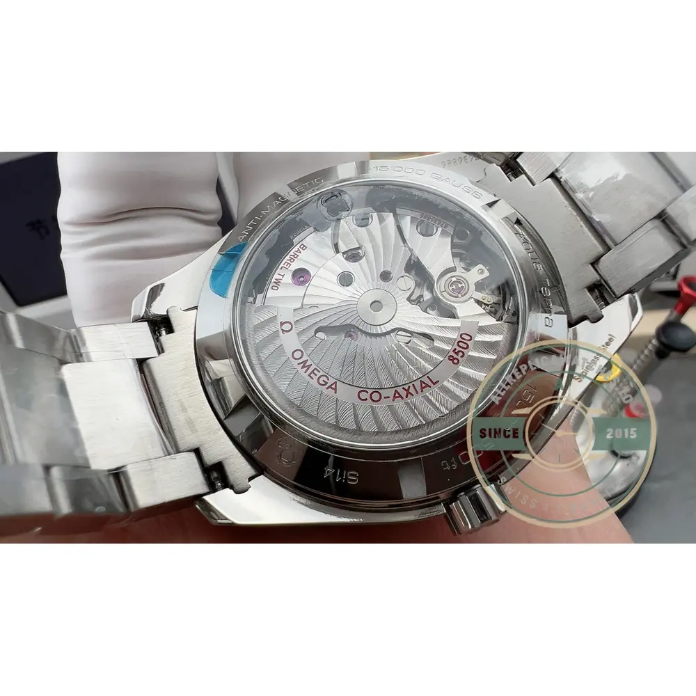 White dial carrying applied blue hour markers, Omega Seamaster Aqua Terra superclone