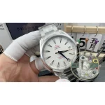 Polished steel bezel edging the white dial, super clone Omega Seamaster Aqua Terra