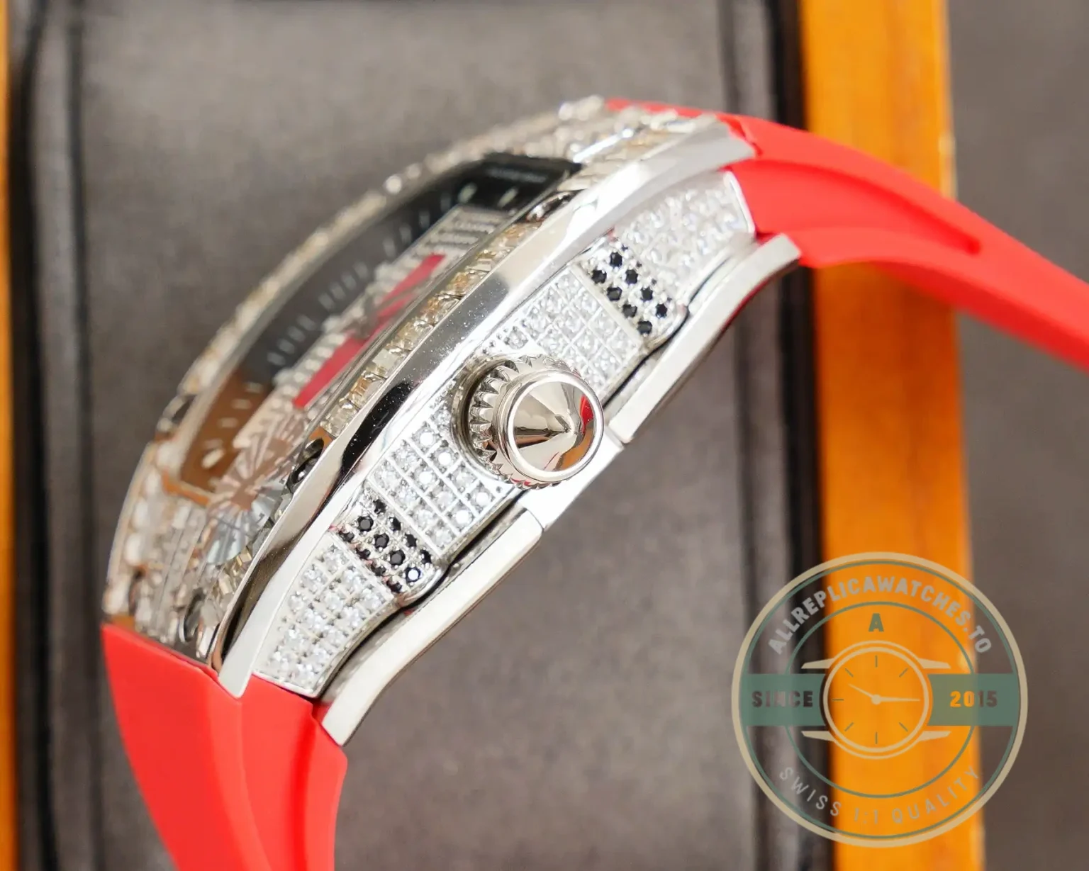 Replica Richard Mille 007-1 Diamond Crown Red Strap - Swiss-Made Clone Watch