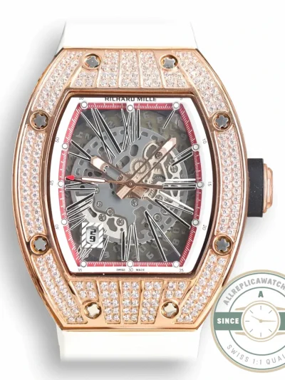 Replica Richard Mille 010 Rose Gold Diamonds White Strap - Premium Super Clone Watch