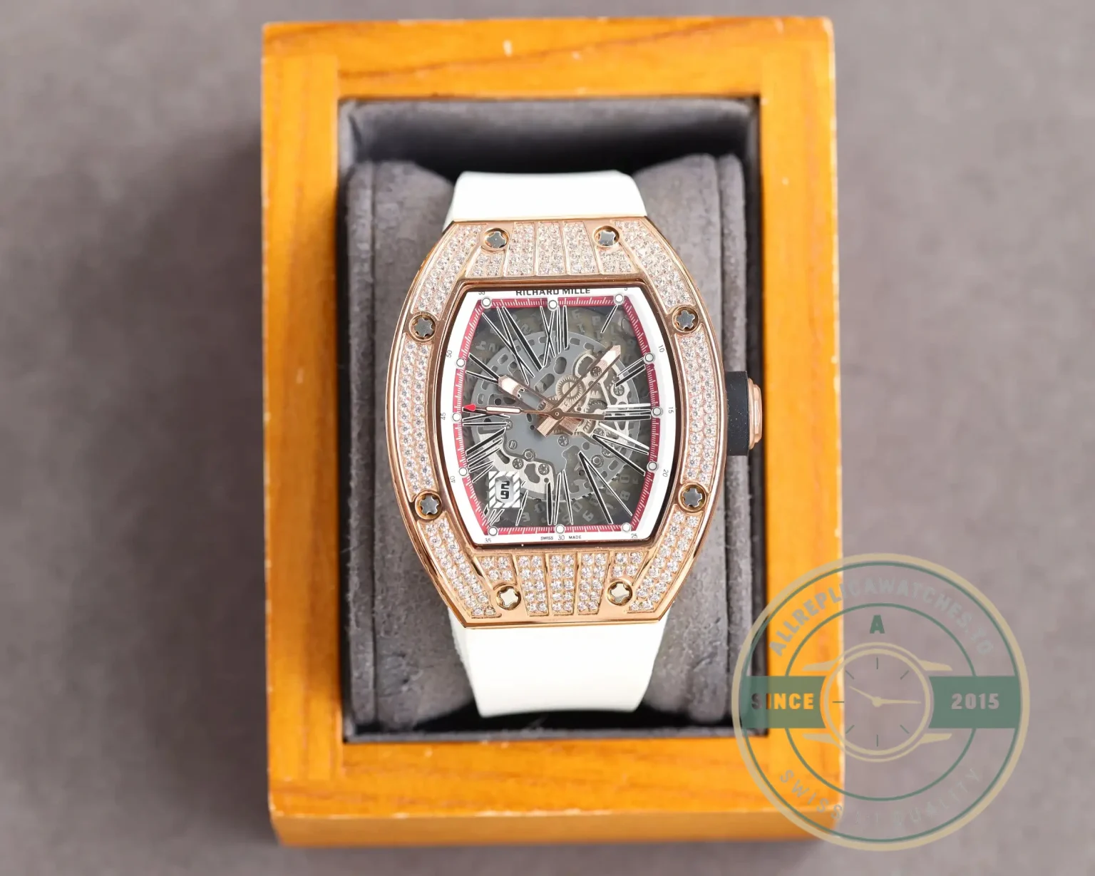 Replica Richard Mille 010 Rose Gold Diamonds White Strap - Budget Luxury Replica Watch