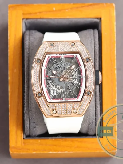 Replica Richard Mille 010 Rose Gold Diamonds White Strap - Budget Luxury Replica Watch