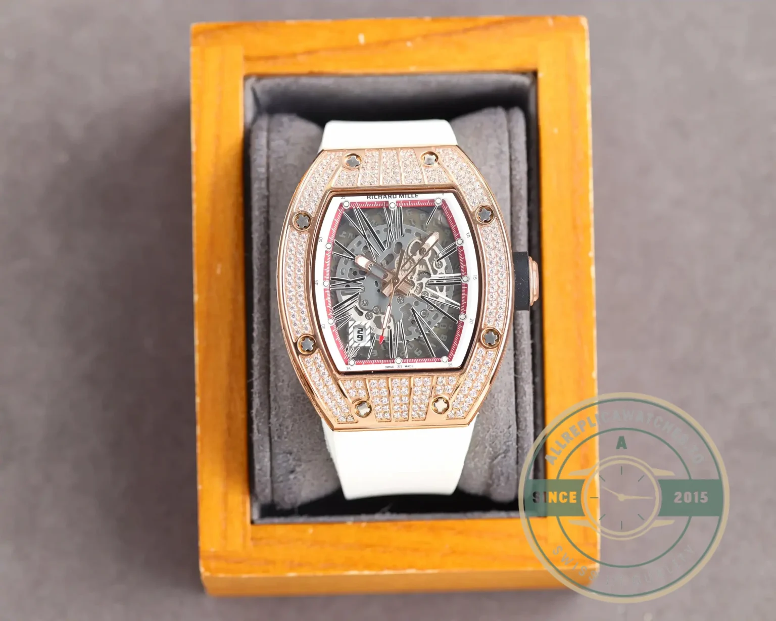 Replica Richard Mille 010 Rose Gold Diamonds White Strap - Best Quality Replica Watch