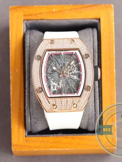 Replica Richard Mille 010 Rose Gold Diamonds White Strap - Best Quality Replica Watch