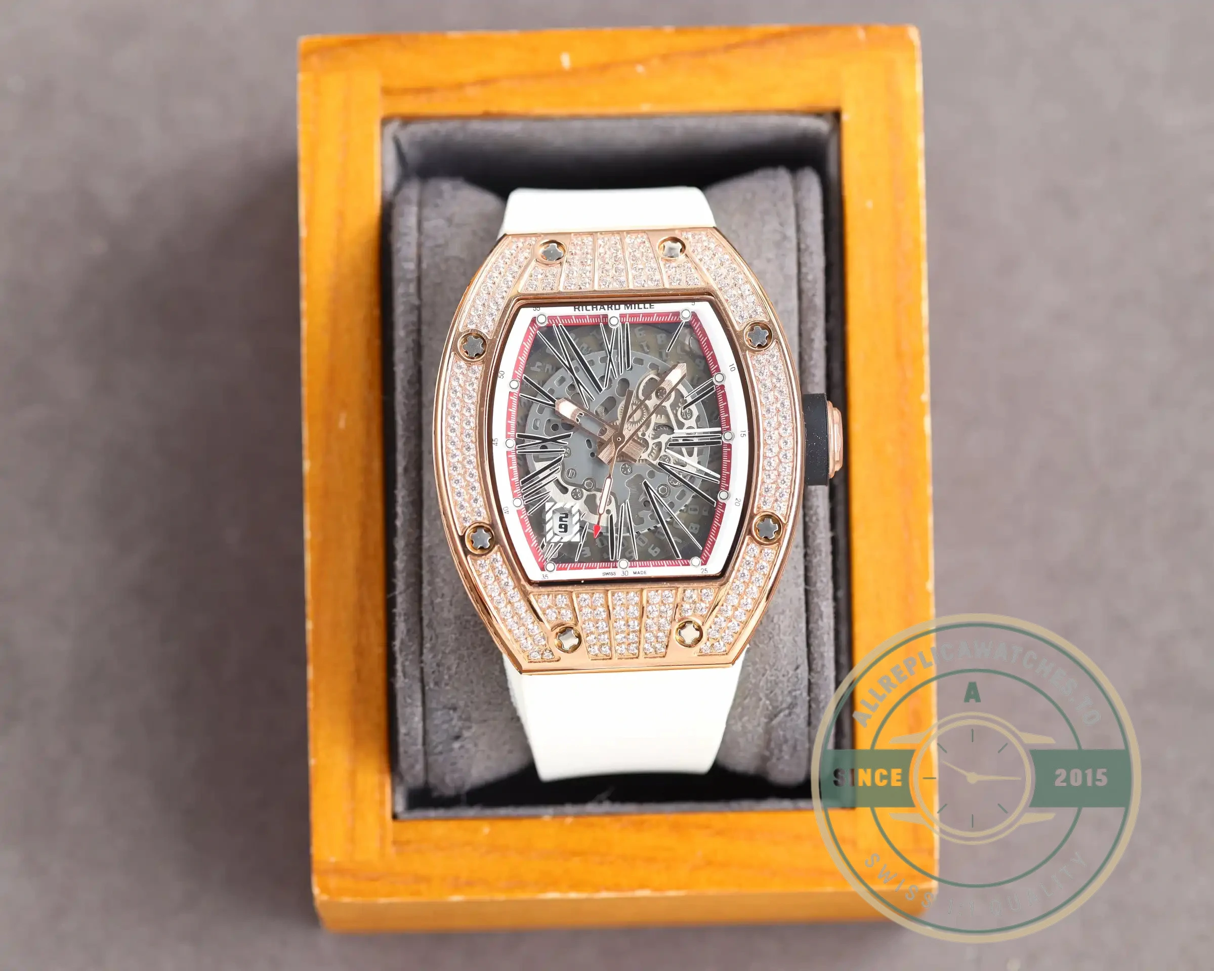 Replica Richard Mille 010 Rose Gold Diamonds White Strap - Best Quality Replica Watch