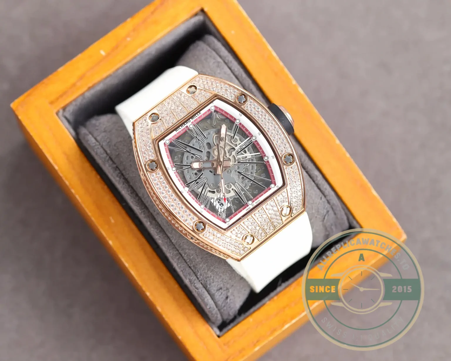 Replica Richard Mille 010 Rose Gold Diamonds White Strap - Swiss Movement Replica Watch