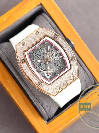 Replica Richard Mille 010 Rose Gold Diamonds White Strap - Swiss Movement Replica Watch