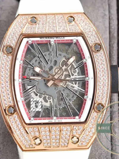 Replica Richard Mille 010 Rose Gold Diamonds White Strap - Luxury Replica Watch