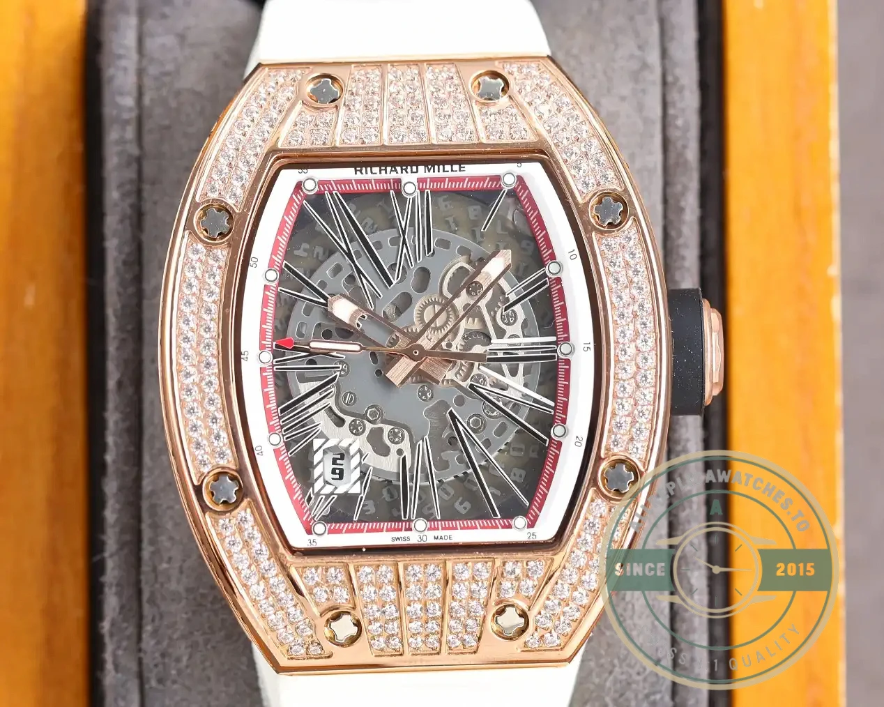 Replica Richard Mille 010 Rose Gold Diamonds White Strap - Luxury Replica Watch