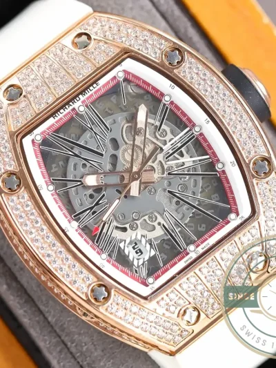 Replica Richard Mille 010 Rose Gold Diamonds White Strap - Affordable Luxury Replica Timepiece