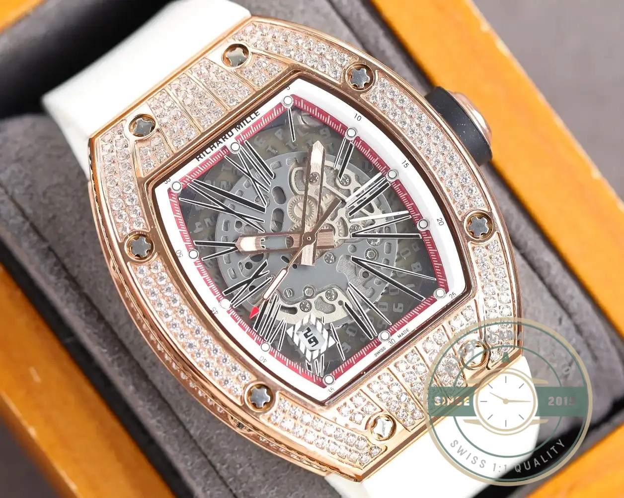 Replica Richard Mille 010 Rose Gold Diamonds White Strap - Affordable Luxury Replica Timepiece