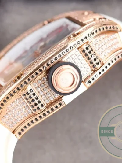 Replica Richard Mille 010 Rose Gold Diamonds White Strap - Best Quality Replica Watch