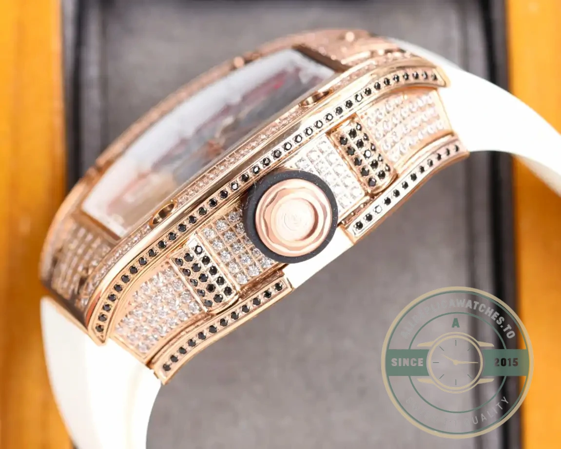 Replica Richard Mille 010 Rose Gold Diamonds White Strap - Best Quality Replica Watch