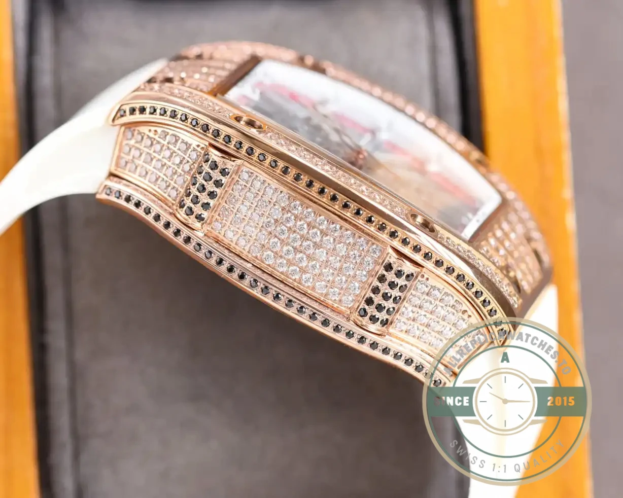 Replica Richard Mille 010 Rose Gold Diamonds White Strap - Best Quality Replica Watch