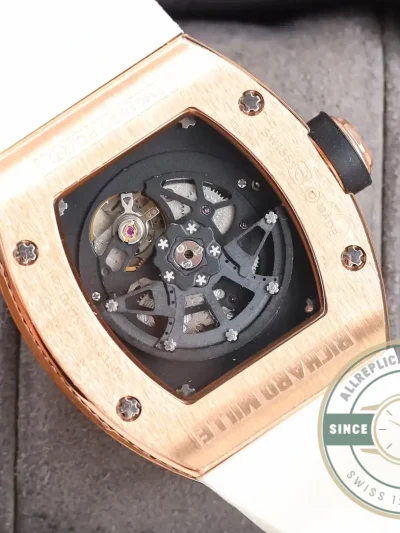 Replica Richard Mille 010 Rose Gold Diamonds White Strap - Best Quality Replica Watch