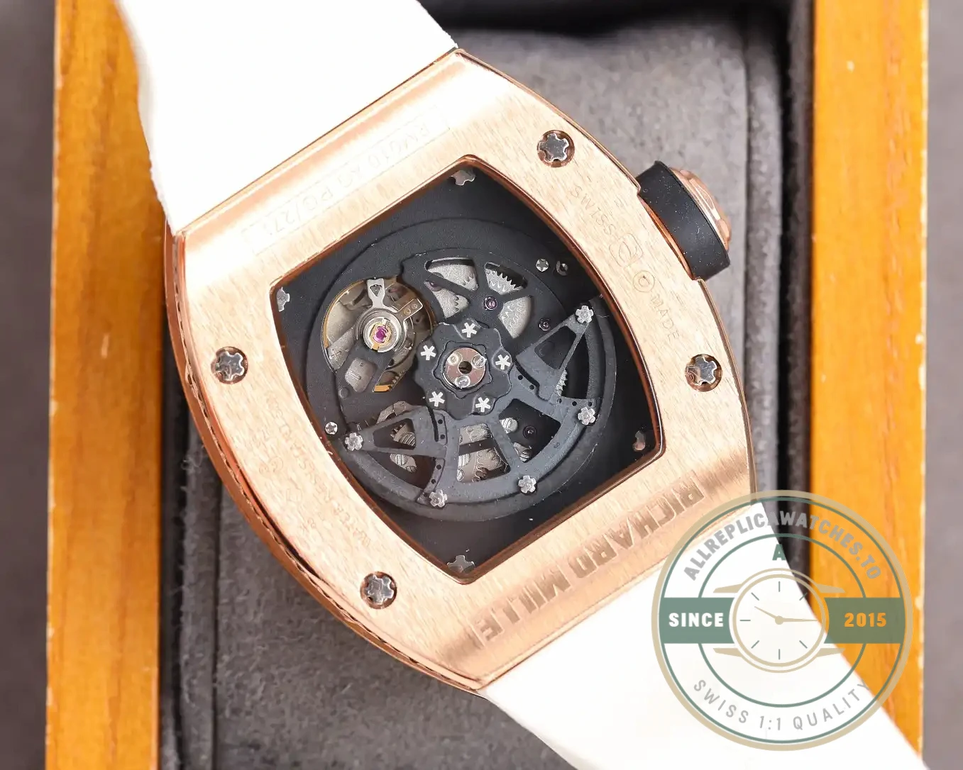 Replica Richard Mille 010 Rose Gold Diamonds White Strap - Best Quality Replica Watch