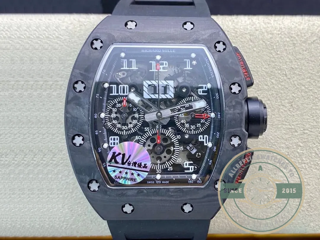 Replica Richard Mille 011 Carbon Fiber Black Rubber Strap - 1:1 Swiss Replica Watch